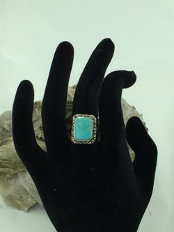 925 STER Silver Turquoise & Marcasite Ring 8.25