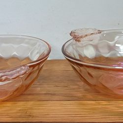2 Vintage Pink Depression Glass Berry Bowls with Shell Handles w/Center Flower