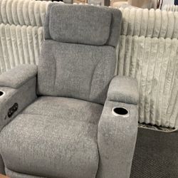 Blue/ Grey Material Electric Recliner With Console Cupholders LEDs And USB Plug Ins