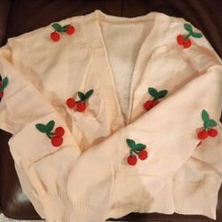 **NEW** Women Open Front Loose Cardigan Light Pink Valentine's Vday Sweater 3D Cherries - Small/Med