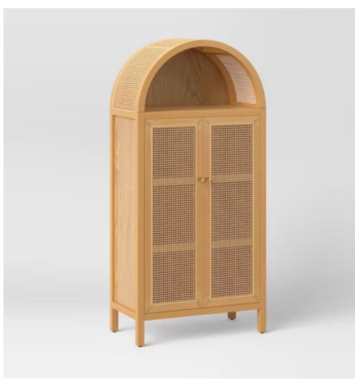 Rattan Arched Wood Cabinet Light Brown Threshold Storage Armoire with Adjustable Shelves
