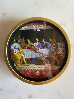 Religious "The Last Supper" Analog Wall Clock - Gold Frame, Quartz Movement  8"