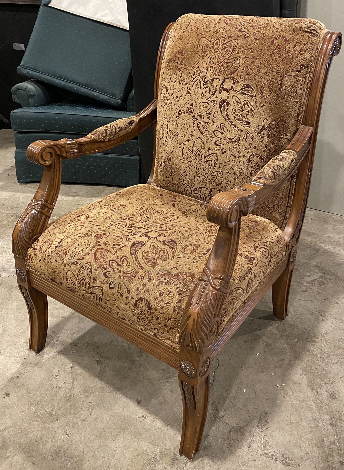 Carved Frame Brocade Upholstered Formal Accent Armchair