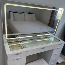 YITAHOME Vanity Desk Set with Large LED Lighted Mirror & Power Outlet, Glass Top Vanity with 11 Drawers and Magnifying Glass, 46" Large Makeup Vanity