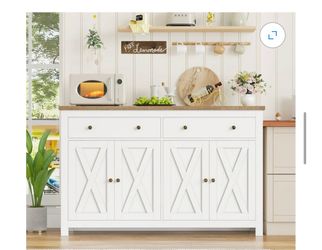 Homfa 55.1'' W Kitchen Buffet Storage Cabinet with Adjustable Shelves, 4-Doors 2-Drawers Sideboard Storage Cabinet, White