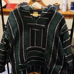 Green/Grey/Black Baja Hooded Hippie Pullover Poncho Size Medium