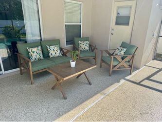 Allen + Roth 4-Pc Outdoor Patio Set – Loveseat + 2 Chairs + Coffee Table + Pillows