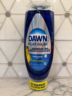 New Dawn Platinum dishwashing liquid in Fresh Rain scent. This 18 fl oz blue liquid is in an EZ-Squeeze bottle