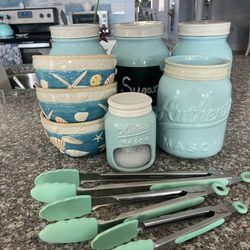 11 Piece Cute Aqua Mason Jar Themed Canisters 