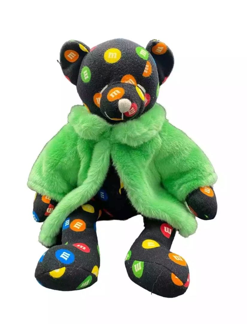 M&M World Black w Multicolored Candies “GREEN” Coat Plush Teddy Bear
