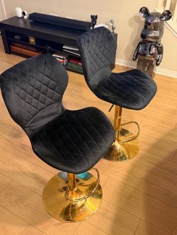 Set of 2 Black Velvet & Gold Bar Stools – Swivel Adjustable
