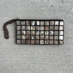 Vintage Mother of Pearl Shell Beaded Wristlet Pouch Clutch Brown Zip Handmade 7.5x4