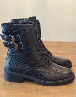 Vince Camuto Black Croc Embossed Leather Combat Boots