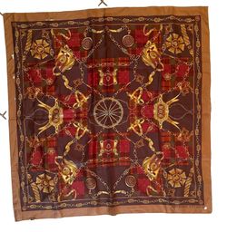 Adrienne Vittadini Vintage Silk Square Scarf Equestrian Chain Plaid 34x34