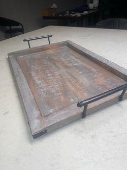 Weathered Gray Rustic Tray With Black Metal Handles 20”x14”