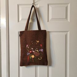 Women Tote, School Bag, Shopping Bag, 13”x15.5” Cute Brown Shoulder Bag.
Double sight bag. Hand knitted flowers.