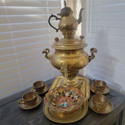 Antique Russian Brass Samovar, Tray, Drip Bowl, Extension And Cup, Factory Teile