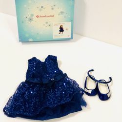 American Girl 2014 Happy Holiday Blue Sparkle Holiday Dress w/ Shoes & Headband