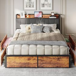 Queen Bed Frame with 4 Storage Drawers, Platform Bed with Charged Headboard, Sturdy and Stable