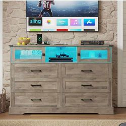 6 Drawer Dresser with LED Lights and Charging Station, Farmhouse Chest of Drawers Closet Organizer, Clothes Storage Cabinet Double Dressers for Bedroo