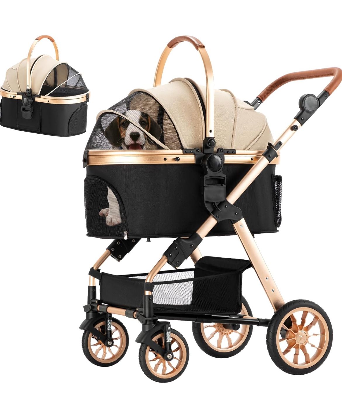 Ingborsa Pet Stroller, Dog Stroller for Medium Small Dog with Storage Basket Foldable Lightweight Dog Carrier Trolley.Basket can be Used Alone kakhi