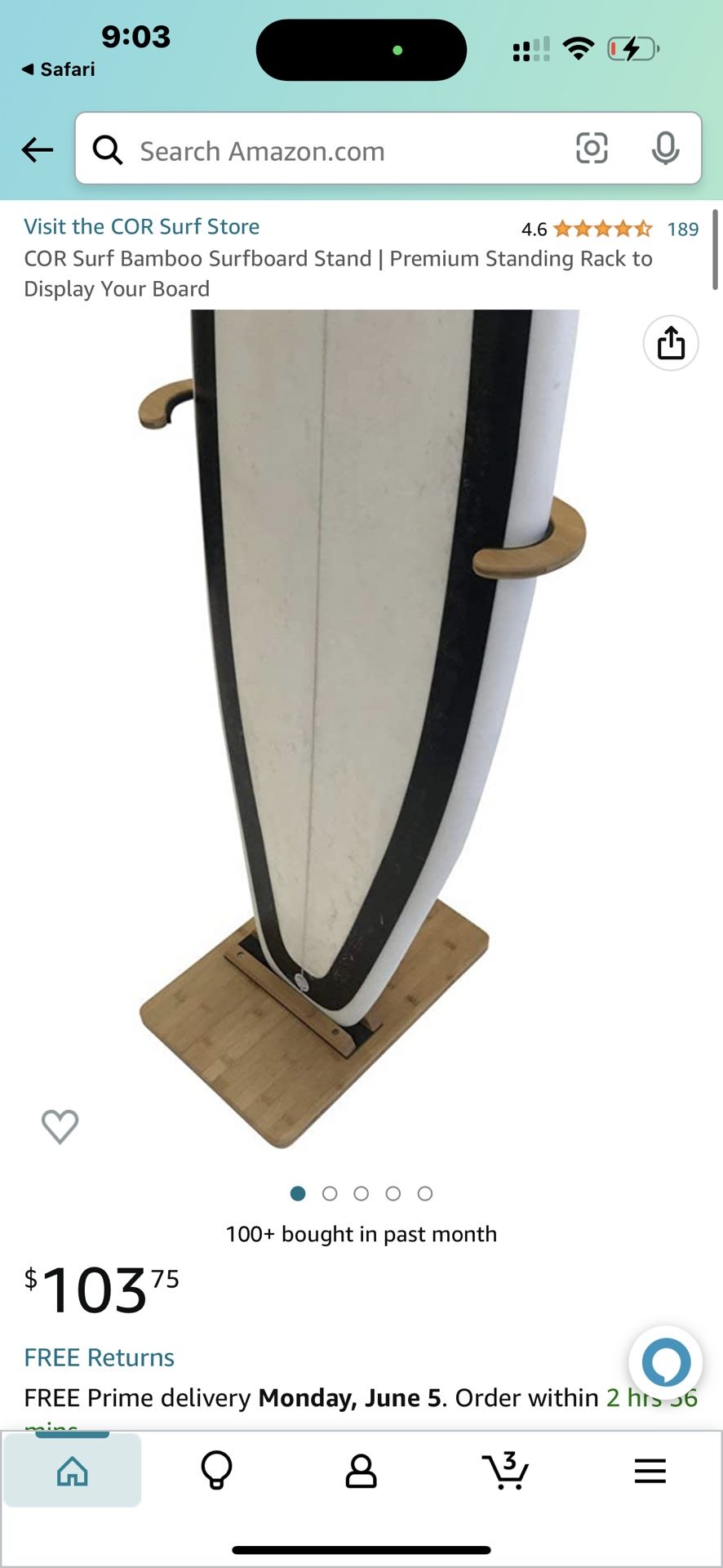 COR Surf Bamboo Surfboard Stand Premium Standing Rack to Display Your Board