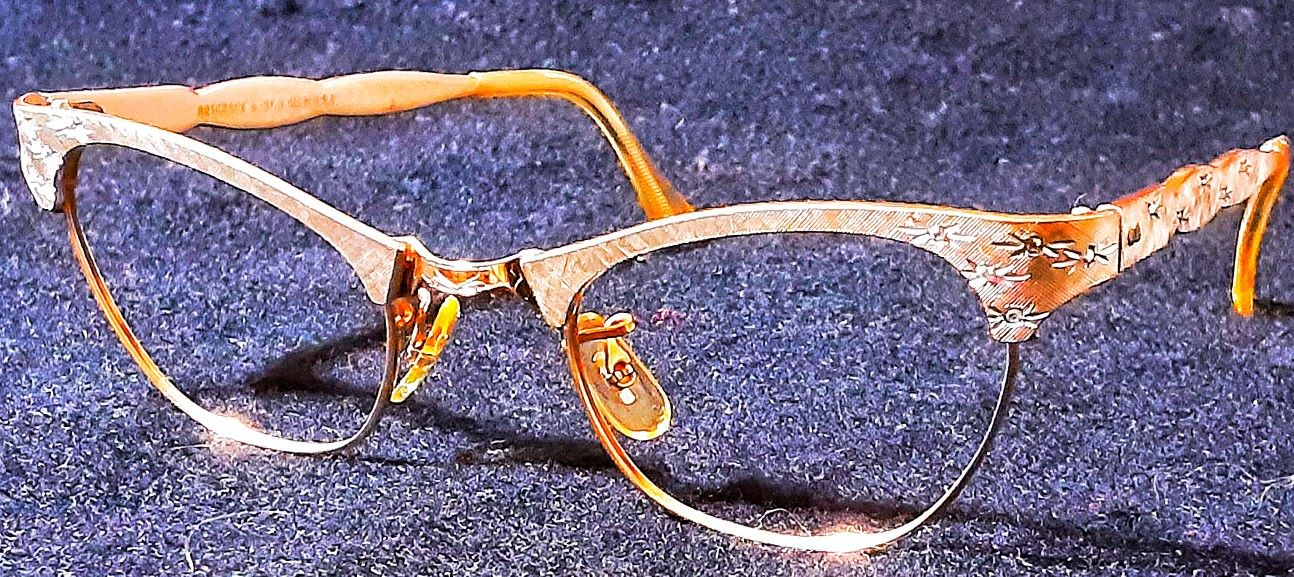 Mid century Artcraft anodized aluminum gold eyeglass frames with aurora borealis rhinestone stars