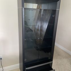 Dark Brown Cabinet With 4 Shelves, 2 Drawers, Glass Shelves, Mirror Backing
