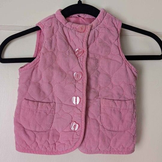 Vintage Heart Quilted Puffer Vest pink kids vest with cute heart buttons and front pockets