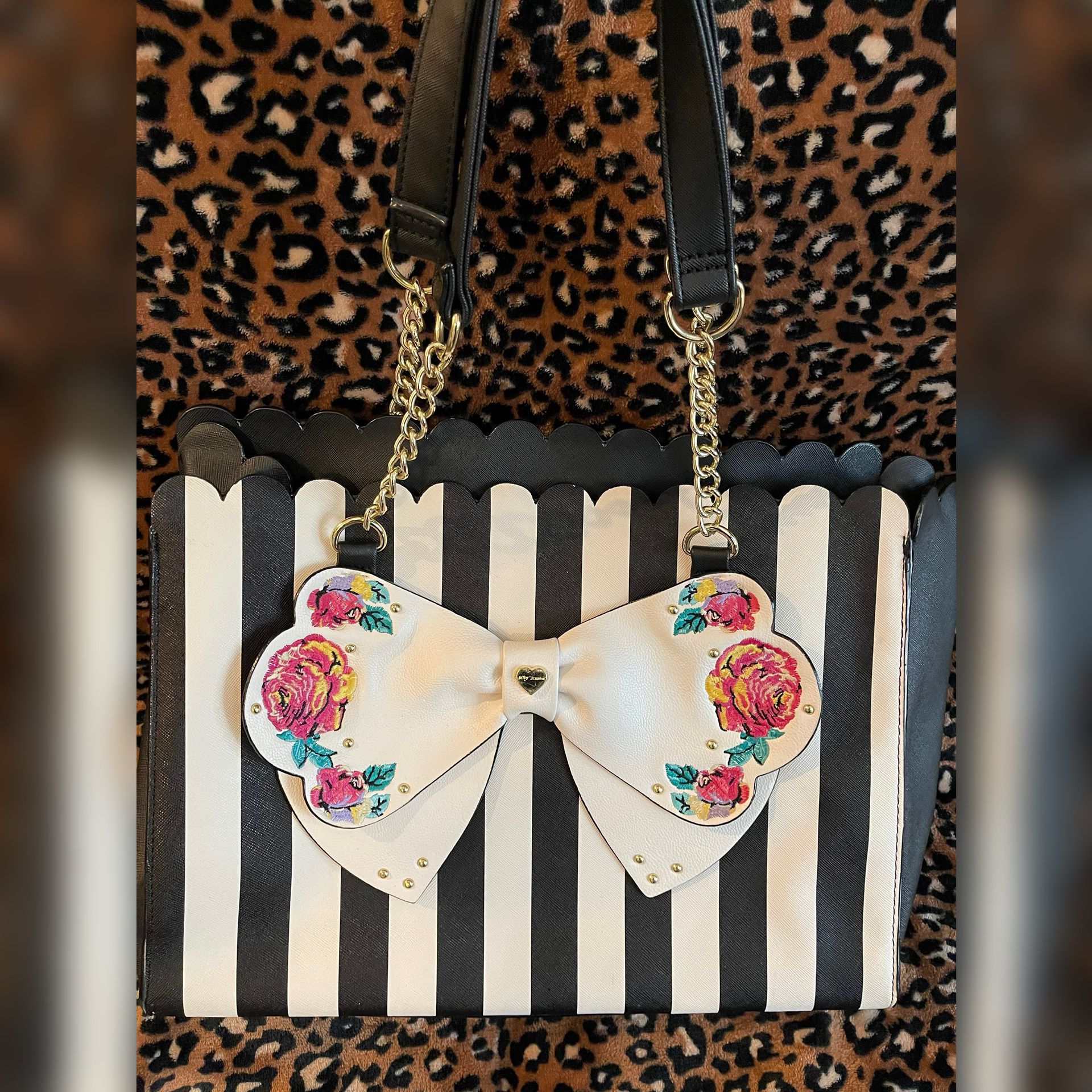 Large Black & White Striped with Bow Betsey Johnson Tote - Like New