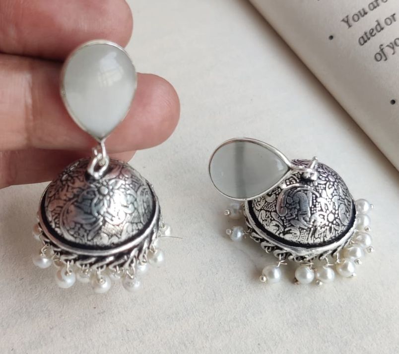 White Stone Jhumka Brass Earrings Small Pearls