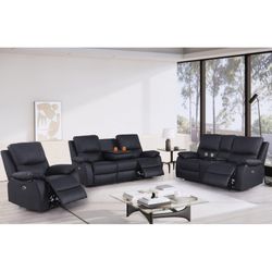 Power Motion Genuine Leather Recliner (Set Of 3pc), Recliner Chair + Loveseat Sofa (2-Seater) + Couch (3-Seater)