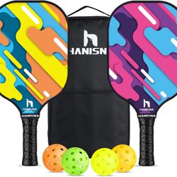 Pickleball Paddles Set of 2, Pickleball Rackets with Enhanced PP Honeycomb Core, Pickleball Paddles Fiberglass Face, Pickleball Set 4 Pickleball Balls