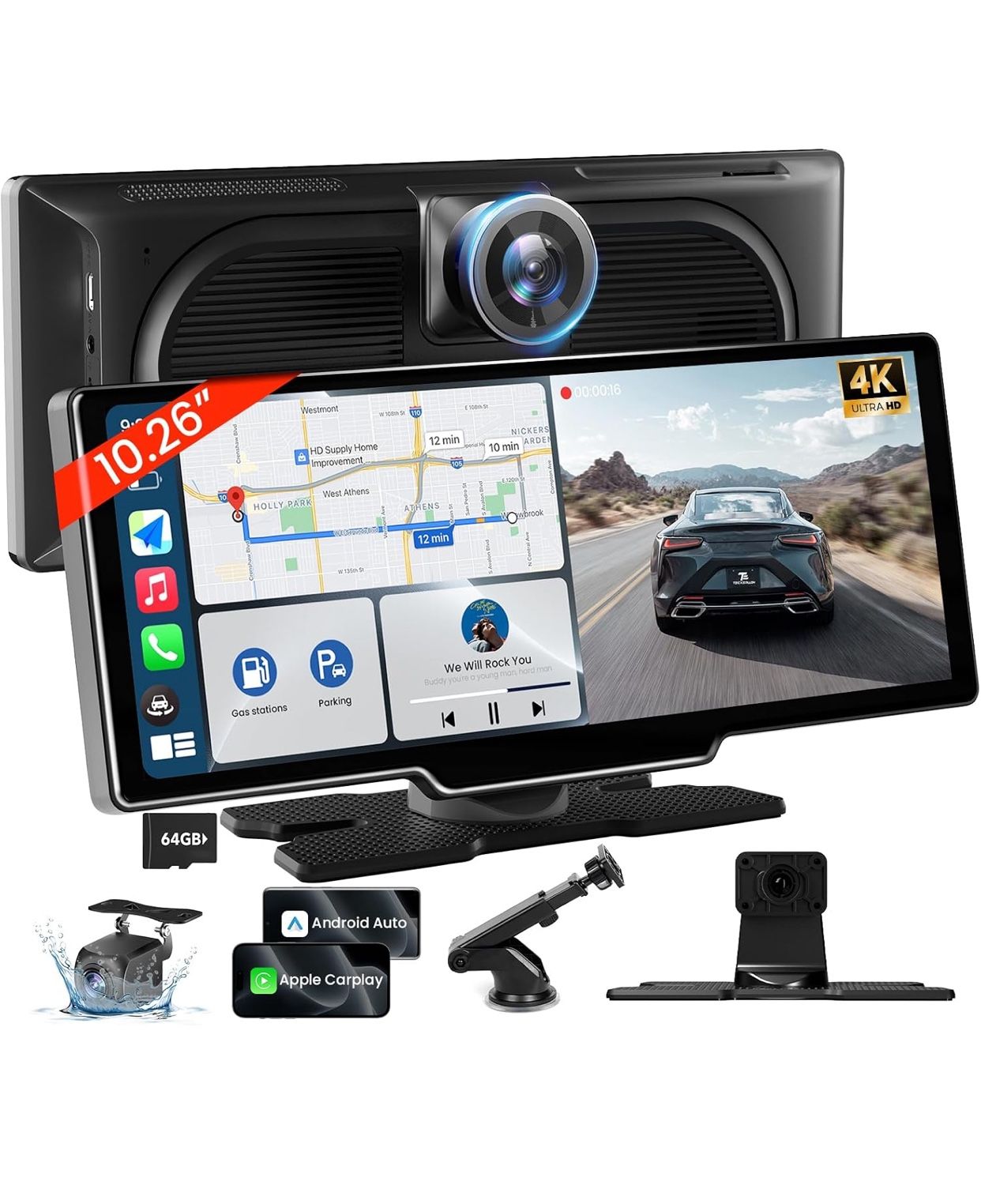 10.26'' Wireless Carplay Screen for Car with 4K Dash Cam & 1080P Backup Camera, Portable Car Audio Receivers with Carplay & Android Auto, GPS Navigati