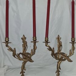Pair of Vintage Brass Wall Sconces Candelabra Double Arm Ornate 15.5" X  12"