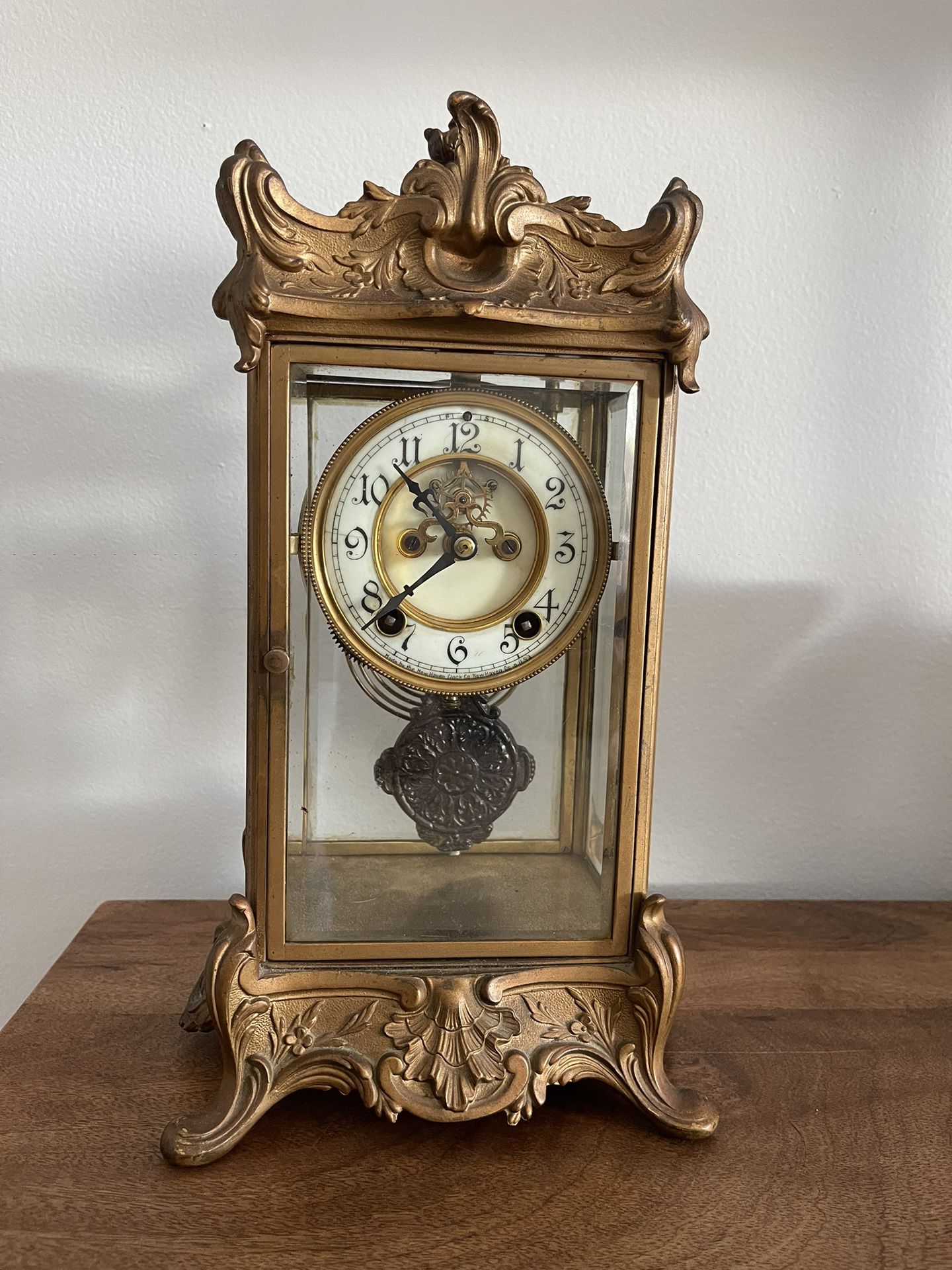 Antique Beveled Glass Brass New Haven Clock Co. Gilt Regulator Crystal Clock