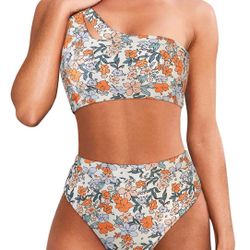 MOOSLOVER Women Cutout One Shoulder High Waisted Bikini High Cut 2 Piece Swimsuit(XL,Yellow Floral)