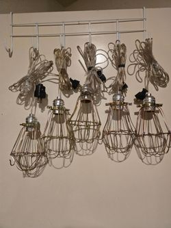 Set of 5 Industrial Gold Plug-In Pendant Lights – $125
