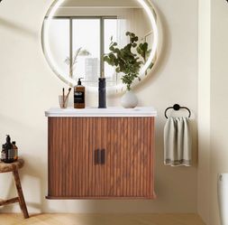 24.13" Wall Mounted Single Bathroom Vanity Set With Sink Top, Faucet And Fluted Design Cabinet