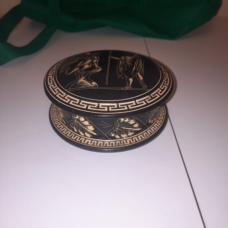 Vtg Greek Mythology Trinket Box Features Achilleus & The Sphinx Hand Made Greece