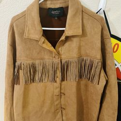 Sweet Rain Womens Faux Suede Jacket - Size Large Western Beaded Fringe Button Up