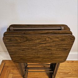 MCM 5 Piece Folding TV Snack Tray Table Set With Stand In A Walnut Finish