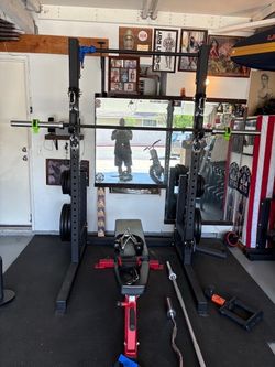 Rouge weights, bench, racks , bars heavy floor pads