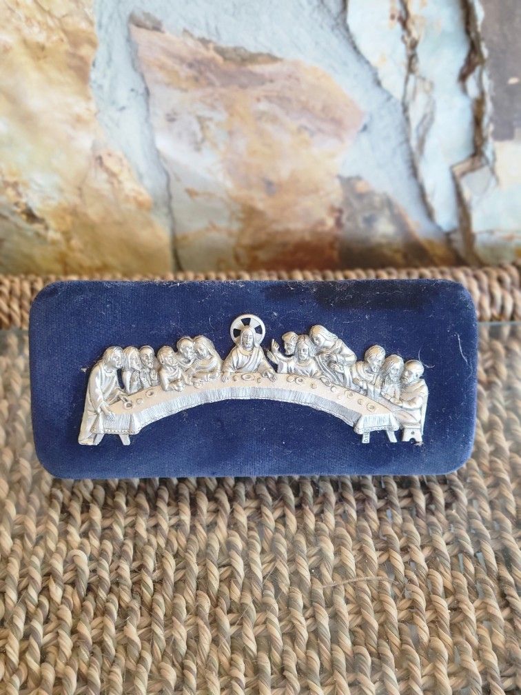 Last Supper Jesus Disciples Pewter Hand Finished Velvet Plaque Made In Italy