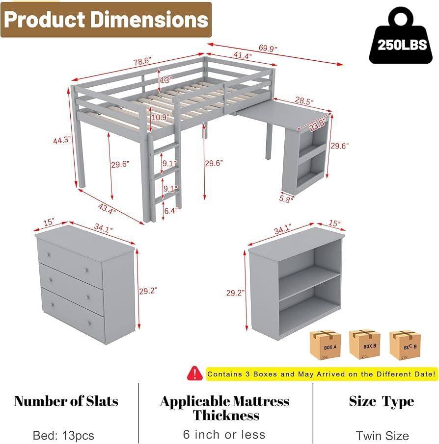 Gray Bunk Bed With Drawers, Small Table And A Book Shelf For Kids