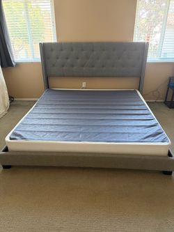 Gray Upholstered King Platform Bed Frame and box spring