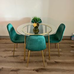 Green Gold Round Glass Dining Table Set