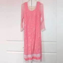 Pink Floral Indian Suit with Lace &amp; Sheer Sleeves- XS New 