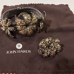 WOW! John Hardy flower 3 tier sterling silver and 18kt gold bracelet & ring set