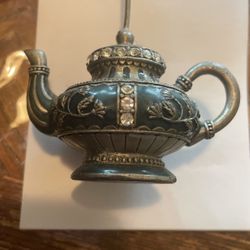 Rhinestone Teapot Silver Metal And Blue Green Paperweight Card Holder 